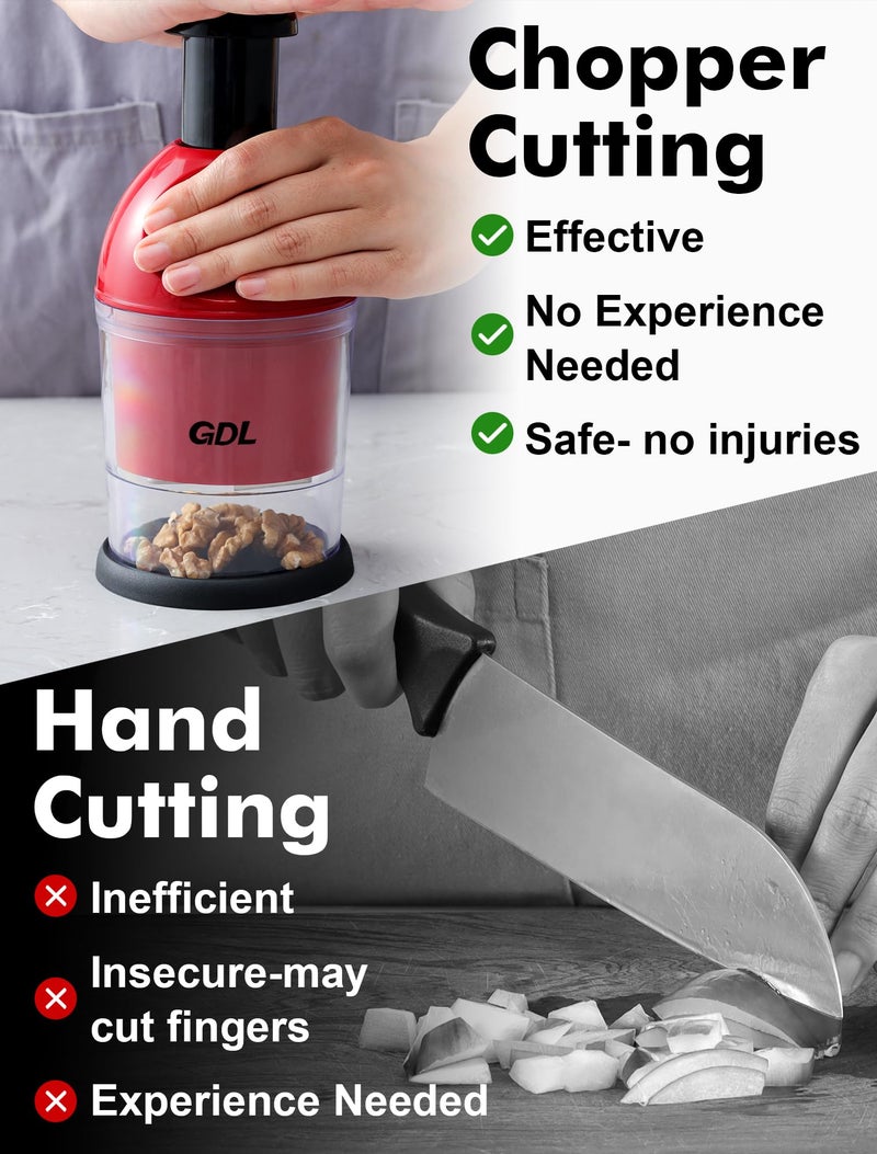 GDL Food Chopper, Hand Chopper Dicer Easy to Clean, Manual Slap Vegetable Cutter Onion Dicer, Garlic Mincer for Onion, Nut, Tomato, Pepper, Celery, etc, Red - Image 3